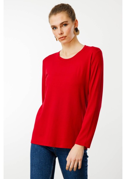 Kadın Sıfır Yaka Basic Penye Bluz Kırmızı