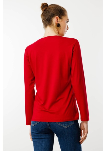 Kadın Sıfır Yaka Basic Penye Bluz Kırmızı fırsatları
