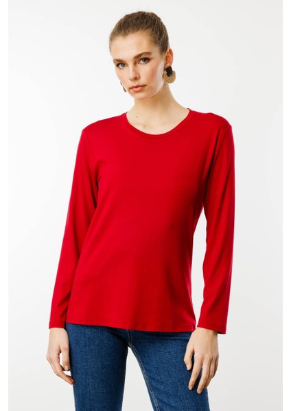 Kadın Sıfır Yaka Basic Penye Bluz Kırmızı indirimleri