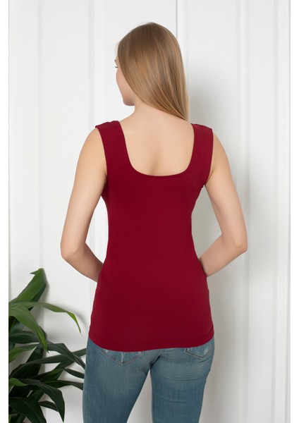 Bordo Renkli Penye Kumaş Geniş Askılı Basic T-Shirt / Bluz