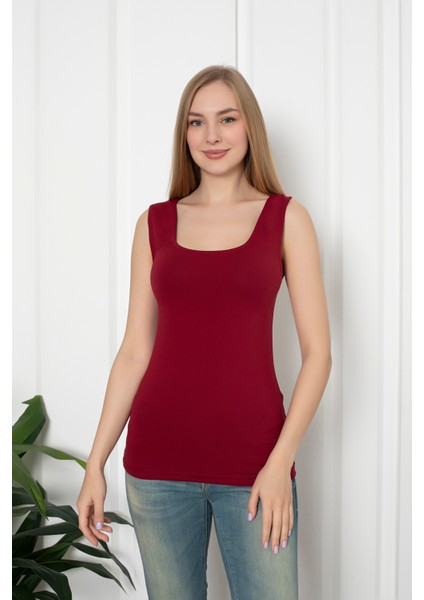 Bordo Renkli Penye Kumaş Geniş Askılı Basic T-Shirt / Bluz fiyatları