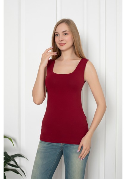 Bordo Renkli Penye Kumaş Geniş Askılı Basic T-Shirt / Bluz modelleri