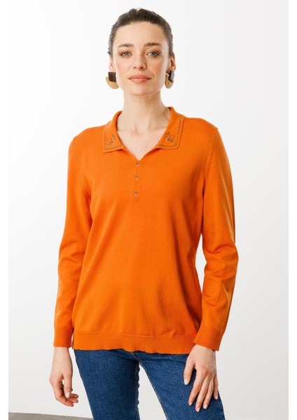 Kadın Polo Yaka Yakası Nakışlı Bluz Oranj