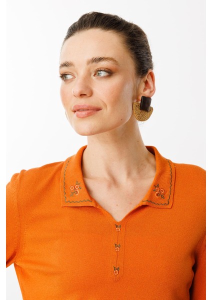 Kadın Polo Yaka Yakası Nakışlı Bluz Oranj modelleri