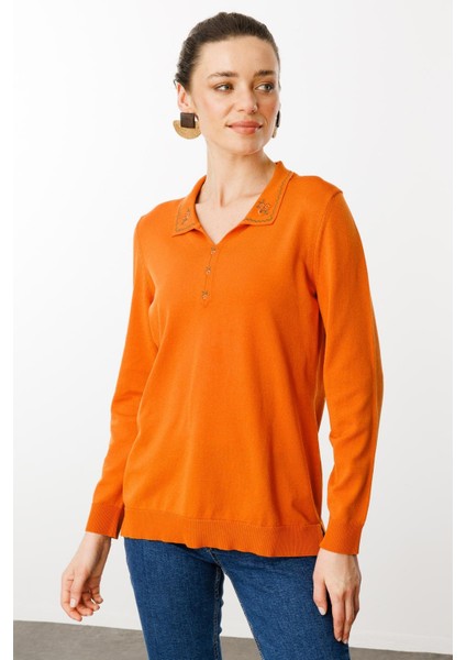 Kadın Polo Yaka Yakası Nakışlı Bluz Oranj fırsatları
