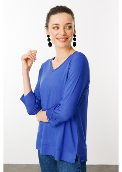 Kadın V Yaka Penye Bluz Sax