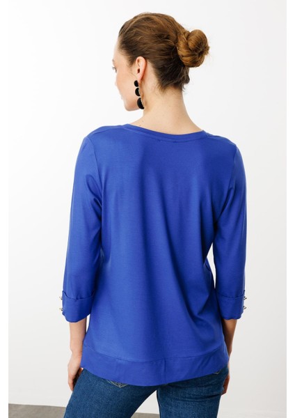 Kadın V Yaka Penye Bluz Sax modelleri