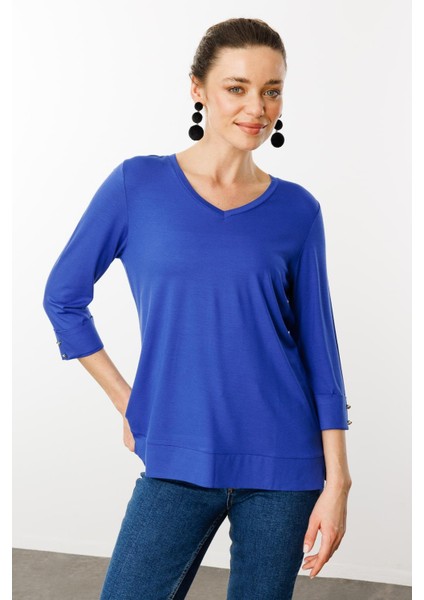 Kadın V Yaka Penye Bluz Sax fırsatları