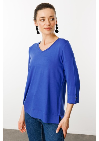 Kadın V Yaka Penye Bluz Sax indirimleri