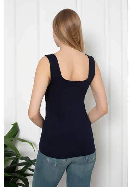 Lacivert Renkli Penye Kumaş Geniş Askılı Basic T-Shirt / Bluz