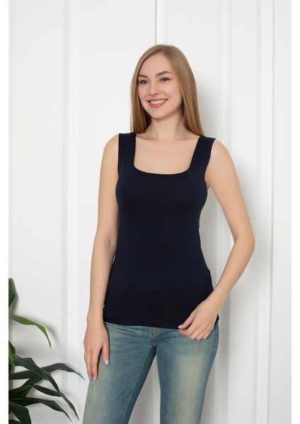 Lacivert Renkli Penye Kumaş Geniş Askılı Basic T-Shirt / Bluz fiyatları