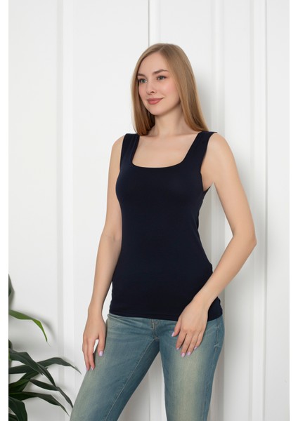Lacivert Renkli Penye Kumaş Geniş Askılı Basic T-Shirt / Bluz modelleri