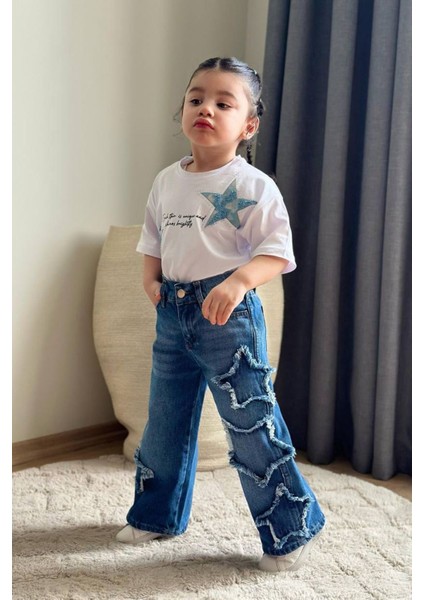 Yıldız Desenli Kotlu Kız Çocuk 2 Li takım - Mavi modelleri