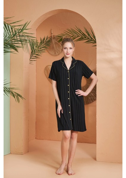 27043 Kadın Kısa Kol Çizgili Önü Düğmeli Gecelik