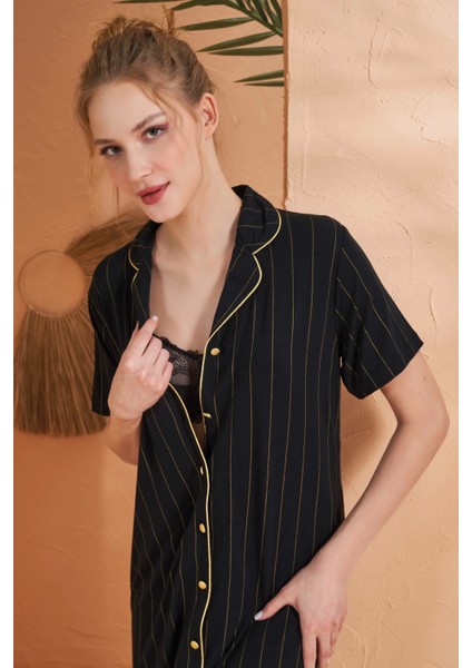 27043 Kadın Kısa Kol Çizgili Önü Düğmeli Gecelik fiyatları