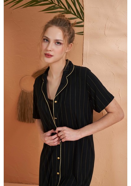 27043 Kadın Kısa Kol Çizgili Önü Düğmeli Gecelik fırsatları