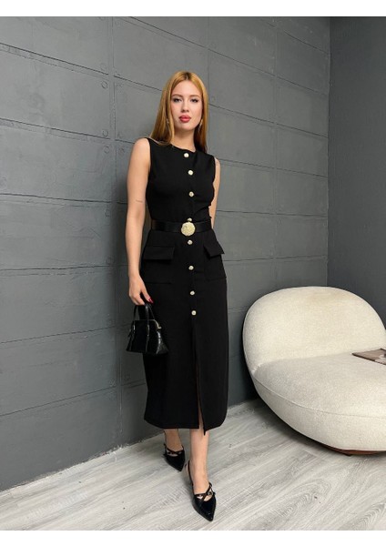 Zr Model Kadın Premium Kumaş Siyah Gold Düğmeli Kemerli Yırtmaçlı Midi Boy Krep Elbise