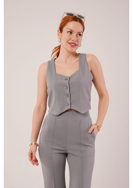Kalın Askılı Düğmeli Yelek ve Pantolon Gri Takım fırsatları