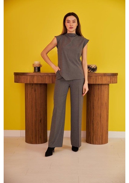 Gri Sıfır Kol Düğmeli Gömlek Takım