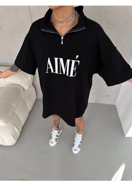 Yarım Fermuarlı Baskılı T-Shirt - Siyah