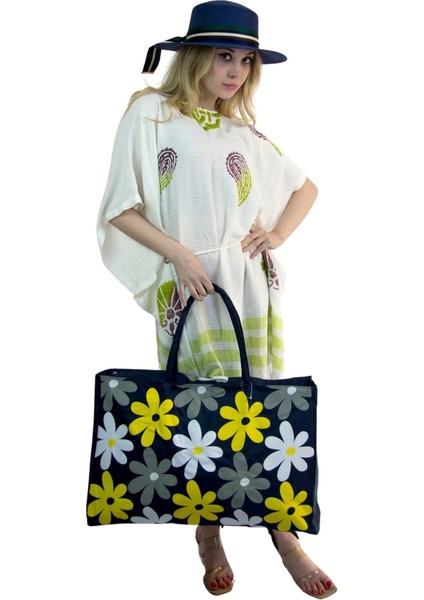 Kadın Plaj Çantası ve Şapka Takım Lacivert 2175 - Bay Şapkacı