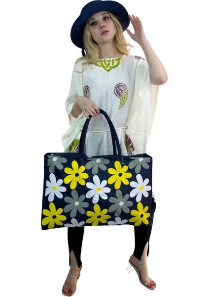 Kadın Plaj Çantası ve Şapka Takım Lacivert 2175 - Bay Şapkacı modelleri