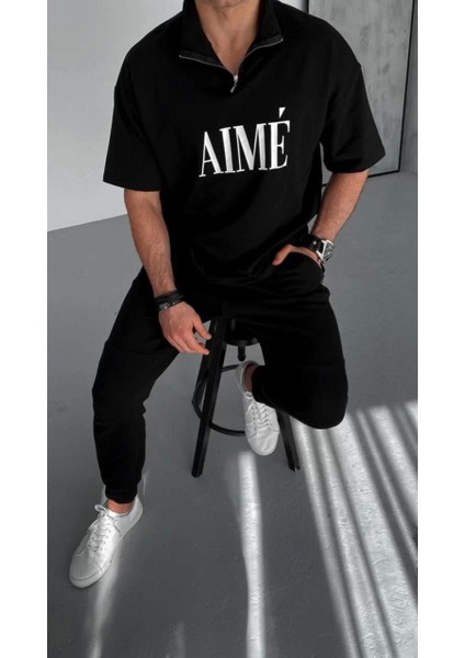 Yarım Fermuarlı Baskılı T-Shirt - Siyah
