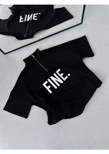 Baskılı Yarım Fermuarlı T-Shirt - Siyah modelleri