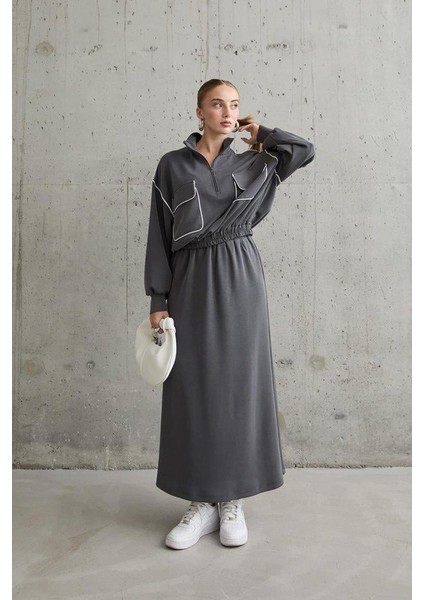 Füme Biyeli Sweatshirt ve Etek Takım