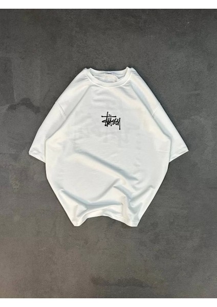 Bisiklet Yaka Baskılı Oversize T-Shirt - Beyaz