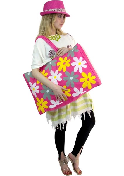 Kadın Plaj Çantası ve Şapka Takım Pembe 2175 - Bay Şapkacı