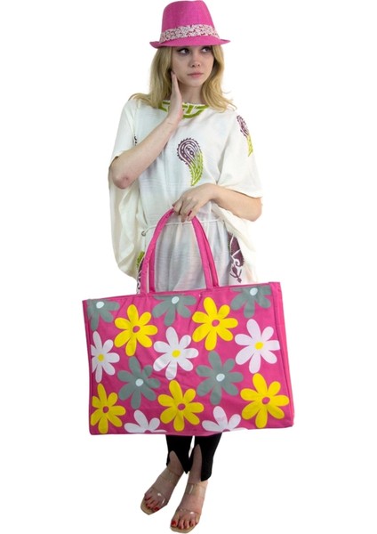 Kadın Plaj Çantası ve Şapka Takım Pembe 2175 - Bay Şapkacı modelleri