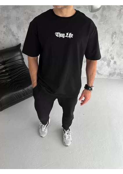 Bisiklet Yaka Baskılı Oversize T-Shirt - Siyah