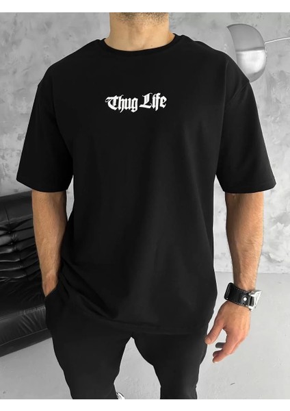 Bisiklet Yaka Baskılı Oversize T-Shirt - Siyah