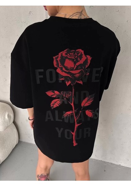 Bisiklet Yaka Baskılı Oversize T-Shirt - Siyah fiyatları