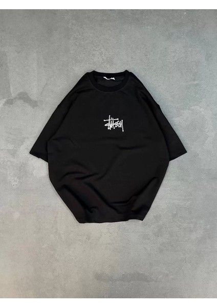 Bisiklet Yaka Baskılı Oversize T-Shirt - Siyah