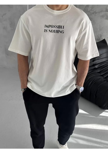 Bisiklet Yaka Baskılı Oversize T-Shirt - Beyaz