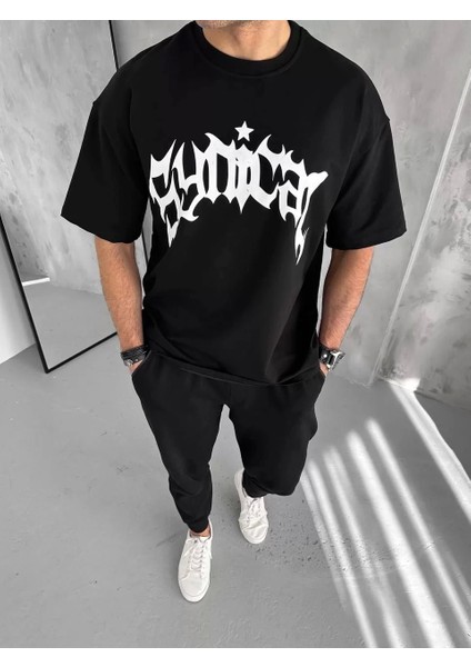Bisiklet Yaka Baskılı Oversize T-Shirt - Siyah