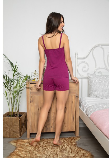 Kadın Mor Renkli Büstiyerli Dantel Detaylı Şortlu Pijama Takımı 20014