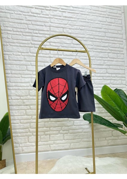 Erkek Çocuk Siyah Örümcek Temalı T-Shirt ve Şort Takım