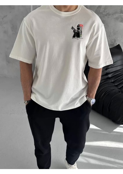 Bisiklet Yaka Baskılı Oversize T-Shirt - Beyaz