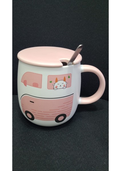 Porselen Kupa Car Kapaklı Metal Kaşıklı Hayvan Pembe 450ML Bardak 3D Hediyelik 1 Adet