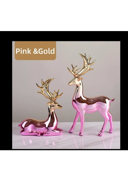 Geyik 2'li Elekroplate Pembe Dekoratif Obje Polyresin Büyük 30CM , Küçük 14CM Yılbaşı