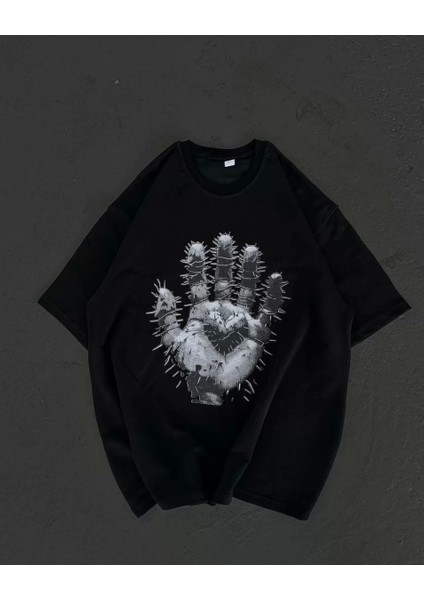 Bisiklet Yaka Baskılı Oversize T-Shirt - Siyah