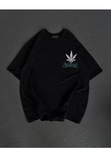 Bisiklet Yaka Baskılı Oversize T-Shirt - Siyah