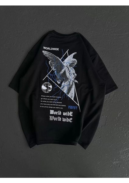 Bisiklet Yaka Baskılı Oversize T-Shirt - Siyah fiyatları