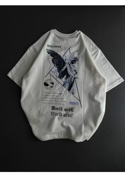 Bisiklet Yaka Baskılı Oversize T-Shirt - Beyaz fiyatları