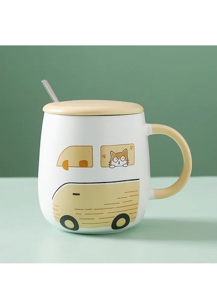 Porselen Kupa Car Kapaklı Metal Kaşıklı Kedi Sarı 450ML Bardak 3D Hediyelik 1 Adet