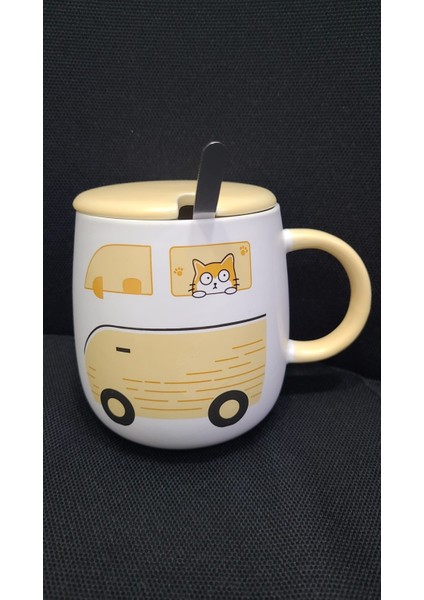 Porselen Kupa Car Kapaklı Metal Kaşıklı Kedi Sarı 450ML Bardak 3D Hediyelik 1 Adet
