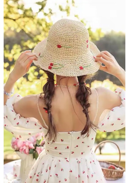 Ithal Bej Cherry Örgü Bucket Hasır Şapka
